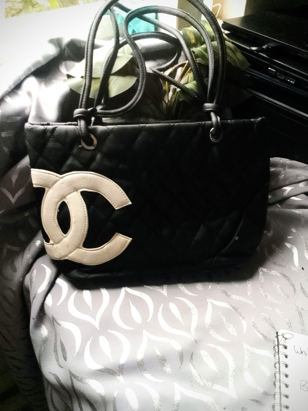 Black Chanel Quilted Tote Bag with Cream Chanel Logo Accent